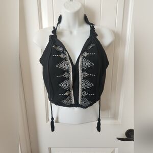 House of Harlow 1960 Black Embroidered AztecTop Drawstrings Closure Size L EUC